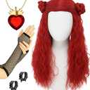 Swooflia Red Curly Wig for Women & Cosplay Accessories  Convenient Set Includes Adjustable Wig Cap, Necklace, Earings, Sleeve, Cosplay Wig for Halloween, Costume, Party and Daily Use (W24)