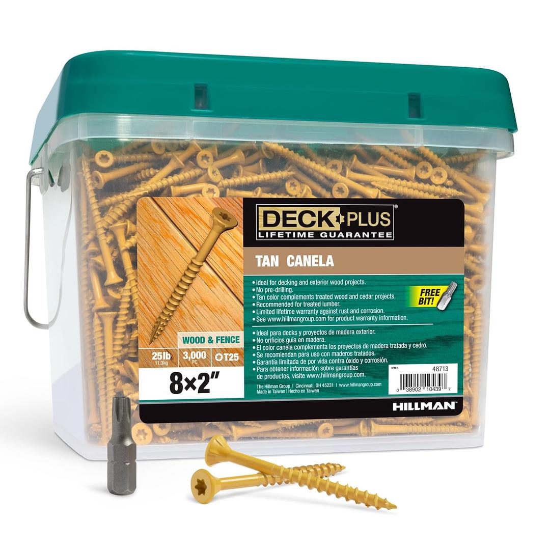 Deck Plus 2 Inch Epoxy Coated Exterior Wood and Fence Screws #8 x 2 Torx/Star Drive Included Coarse Thread, Outdoor Rust Resistant Decking Screw, Tan, 25lb Box, 3125 Pieces | 48713