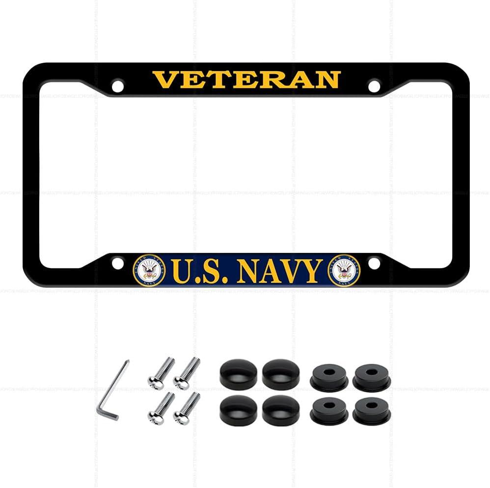 4 Holes License Plate Frame for U.S. Navy Veteran Black Matte Aluminum USN Car Plate Cover Holders with Screw Caps (1 PC)