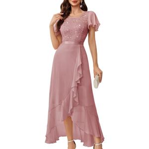 BeryLove Formal Dresses for Women 2025 Wedding Guest with Slit Cocktail Elegant Lace Long Prom Dress (Medium, Blush Sequin)