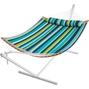 SUPERJARE Curved-Bar Hammock with Stand, 2 Person Heavy Duty Hammock Frame, Detachable Pillow & Portable Carrying Bag, Perfect for Outdoor & Indoor, Blue-Green Stripe