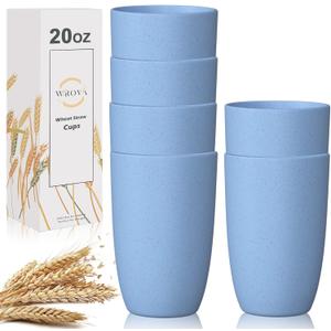 Wrova Wheat Straw Cups 6 PCS Good Alternative to Plastic Reusable Cups 20 oz Unbreakable Drinking Cup Reusable Dishwasher Safe Water Plastic Glasses Sky Blue