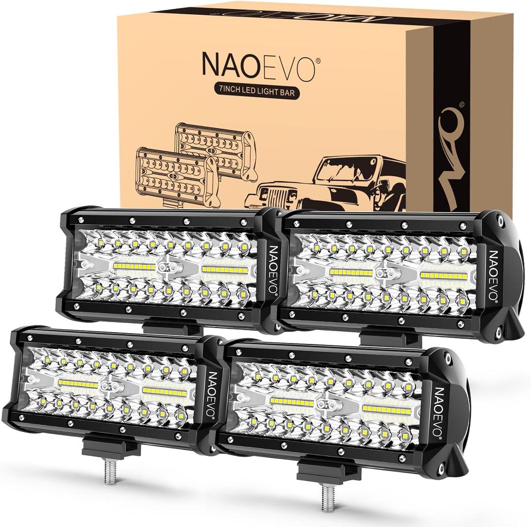 NAOEVO 7 Inch LED Light Bar, 480W 48,000LM LED Offroad Fog/Driving Lights with Spot Flood Combo Beam, Work for Truck Boat ATV UTV, 4 Pcs (White)