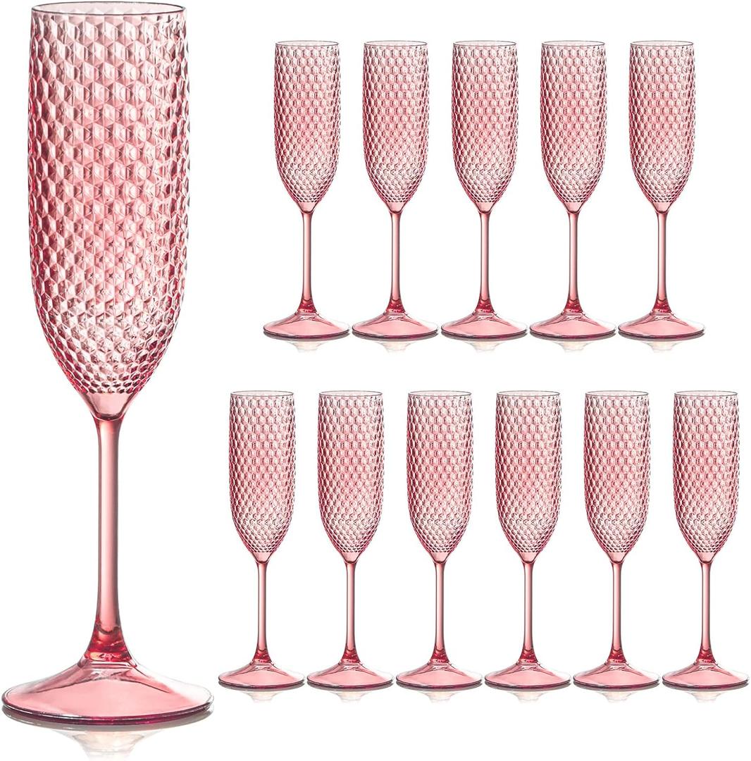 Plastic Champagne Flutes Champagne Glasses Unbreakable Wedding Toasting Glasses Reusable Diamond Wine Glasses Crystal Clear Party Wine Cups Vintage Drinking Glasses 5.5 OZ for Wedding (12, Pink)