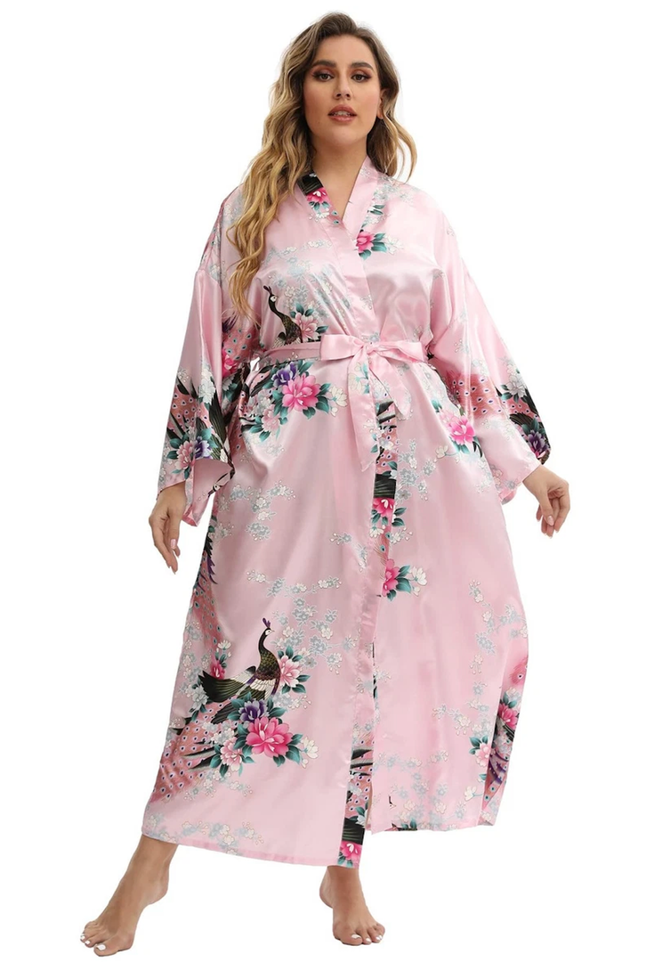 Women's Plus Size Long Satin Robes Plus Size Long Silk Robes Kimonos Sleepwear Dressing Gown (Pink, XXXL)