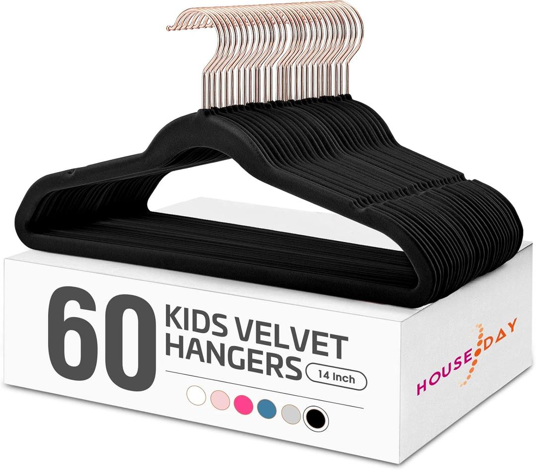 House Day Velvet Kids Hangers 60 Pack, Premium Children Hangers for Closet, Ultra Thin Cute Non Slip Kid Felt Clothes Hanger 14 Inch, Small Hanger for Toddler Clothes, Black