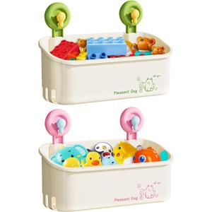 Bath Toy Storage - Wall Mounted Bath Toy Holder with Suction Cup, Quick Drain Large Capacity Bathtub Toy Storage for Bathroom (Green + Pink)
