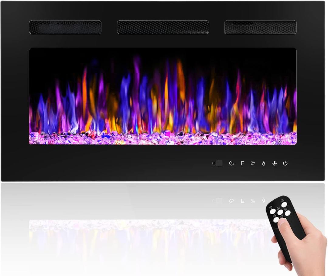 30" Electric Fireplace Wall Mounted and Recessed with Remote Control, 750/1500W Ultra-Thin Wall Fireplace Heater W/Timer Adjustable Flame Color and Brightness, Log Set & Crystal Options