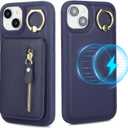 Detachable Magnetic Case for iPhone 14 Plus, 2-in-1 System with Zipper Card Wallet & Built-in Phone Grip - Magsafe Compatible PU Leather Cover - Blue