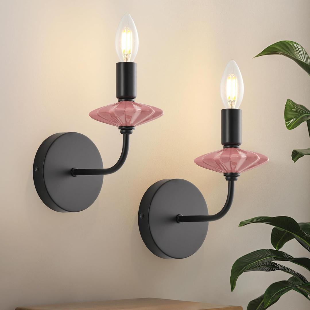 Wall sconces Set of Two with Pink Ceramic Flower Decoration,Black Wall Lights, Hardwired Vintage Vanity Light for Bathroom, Living Room, Bedroom, and hallways.