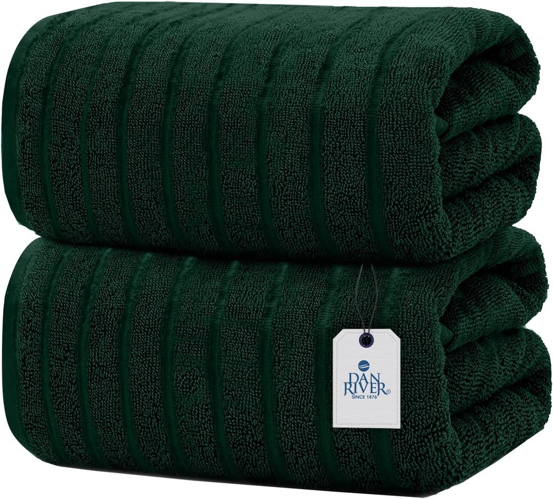 DAN RIVER Pack of 2 Bath Sheet 35x70 Inches, Ribbed Oversized Bath Towels Extra Large, Organic Cotton Towels for Bathroom - Hunter Green