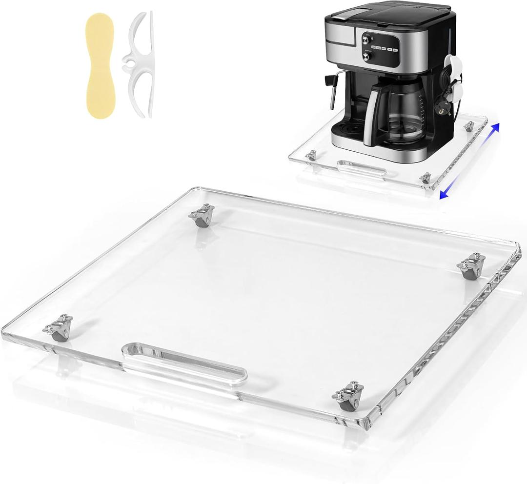 Acrylic Appliance Slider with Rubber Wheels, Sliding Tray for Heavy Kitchen Appliances, Coffee Maker Slider Tray for Counter, Countertop Moving Tray Accessories for Kitchen - 13" x 14" (Clear)