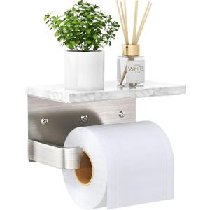 Gypie Toilet Paper Holder with Shelf, Extended Base Wall Mounted, Marble Toilet Roll Holder Brushed Nickel for Bathroom Washroom