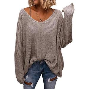 BZB Women's V Neck Long Sleeve Knit Loose Oversized Pullover Sweater Top (M, Apricot) 