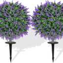Artificial Boxwood Topiary Balls with Lavender  Set of 2 UV-Resistant 23" Fake Shrubs with Ground Spikes, Faux Evergreen Decorative Plants for Outdoor Indoor Porch Patio Garden
