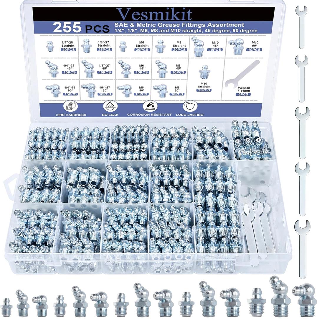 255PCS Grease Fittings Assortment,SAE & Metric Grease Zerk Fittings 1/4" 1/8" M6 M8 M10 straight 45 90 degree with Wrench Kit(7-11mm) for Grease Gun,Fit Tractor Vehicle Excavator Trailer Equipment