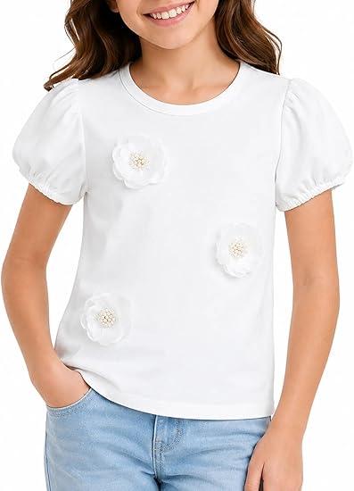 Girls Puff Sleeve Shirts 3D Flower Pearl Summer Tops Off White 13-14 Years