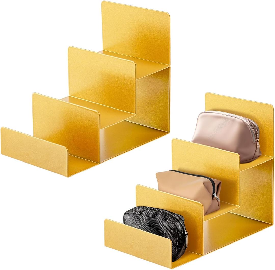Blulu 2 Pcs 3 Tiers Gold Metal Wallet Rack Handbag Display Stand Wallet Clutch Holder Purse Stand Display Retail Store Supplies