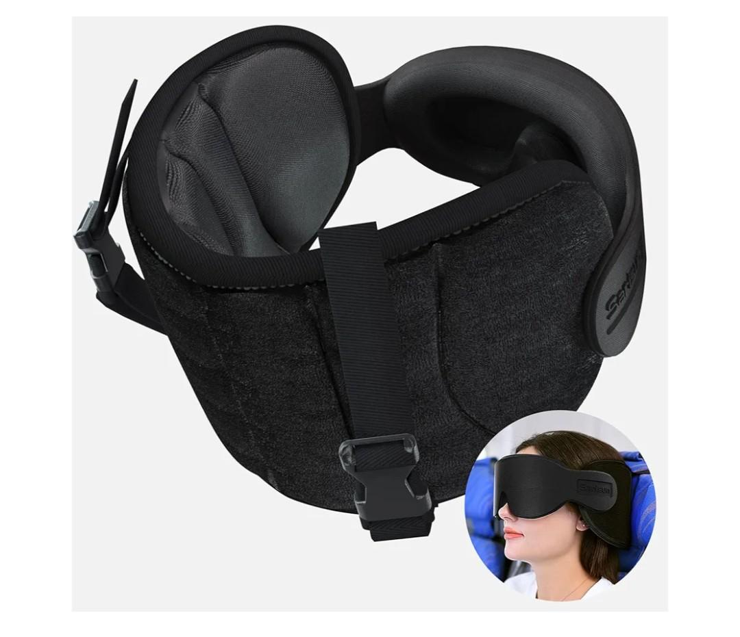 SARISUN Travel Pillows for Airplanes, Airplane Pillow for Long Flight, Airplane Head Strap with Eye Mask for Sleep, Travel Neck Pillow for Car Road Trip, 360° Support Headrest, Stop Bobblehead, Black