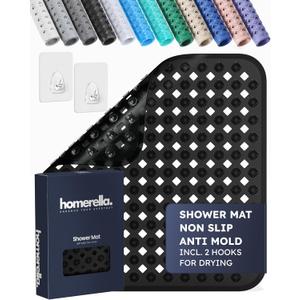 homerella Shower Mat Non Slip Anti Mold, Non Slip Shower Mats for Inside Shower Stall Anti Slip Mat, Square Shower Floor Mat 21 x 21 in with Suction Cups & Hooks for Quick Drying, Machine Washable (Black)