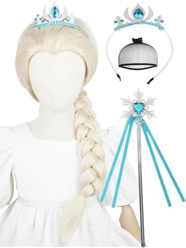 Kids Blonde Princess Wig + Crown Headband + Magic Wand + Wig Cap, Long Platinum Blonde Braided Wigs 23'' Synthetic Hair for Toddler Girls Child Halloween Costumes