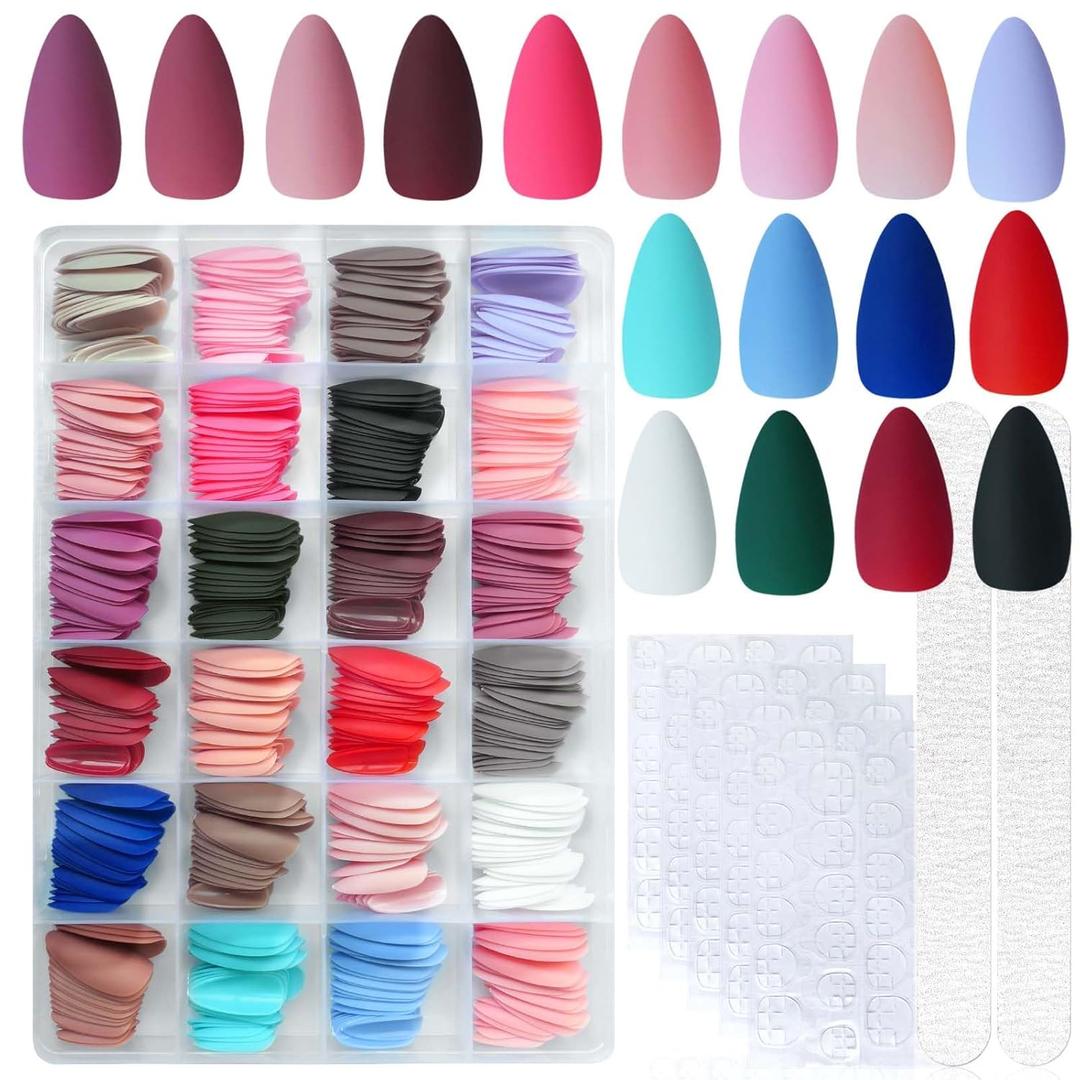 LoveOurHome 576pc Almond Press on Nails Medium Fake Nails Short Stiletto Acrylic Nails Press ons Nail Almond False Nail Tips Full Cover Matte Colored Artificial Fingernails 24 Color for Women Girls