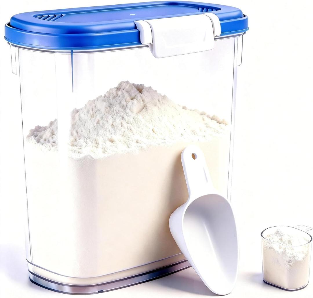 Large Rice Storage Container 20 Lbs - Tall Flour Container with Scoop + Cup - Slim Dry Food Storage Bin for Cereal, Sugar, Beans, Pet Dog Cat Food Container - Kitchen and Pantry Storage Organization