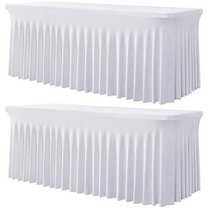 1 Pack White Spandex Tablecloth for 5 Foot Rectangle Tables, Wrinkle Free Fitted Table Clothes Cover 5ft Stretchy Tablecloths with Skirt for Parties Weddings Birthday Banquet Baby Shower