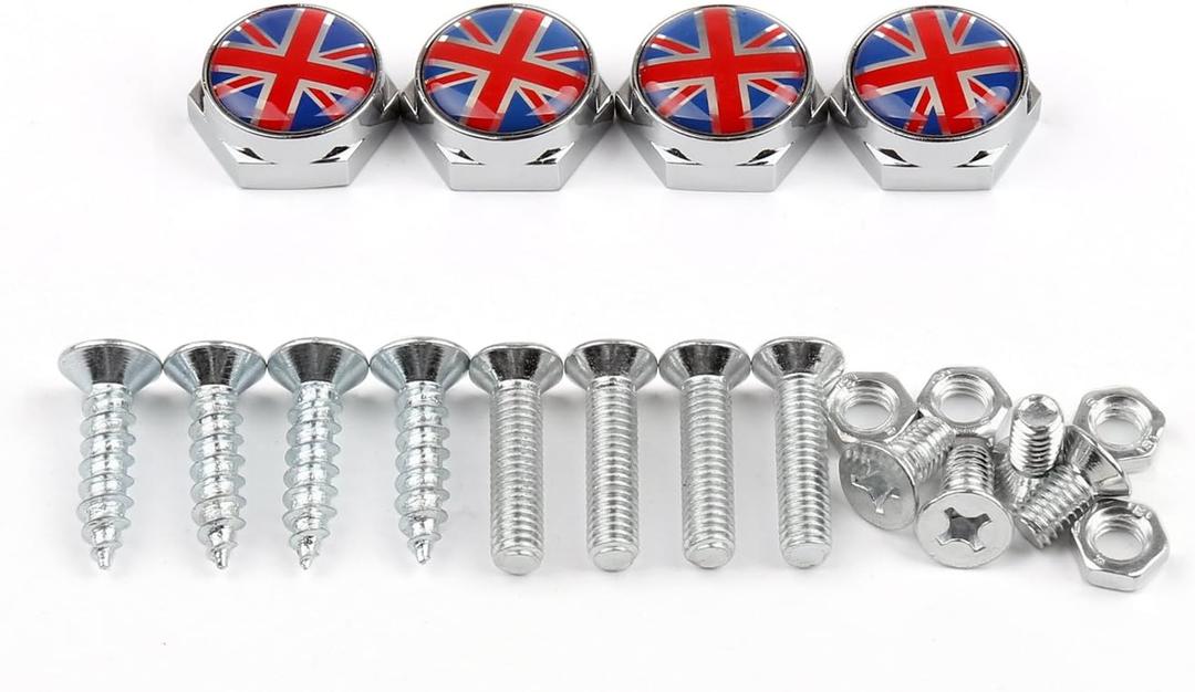 Bruce & Shark Union Jack UK Flag Chrome Metal License Plate Frame Screw Bolt Cap for Front Rear Plate Frame for Mini Cooper F60 F54 F56, License Plate Bolt Caps Kit