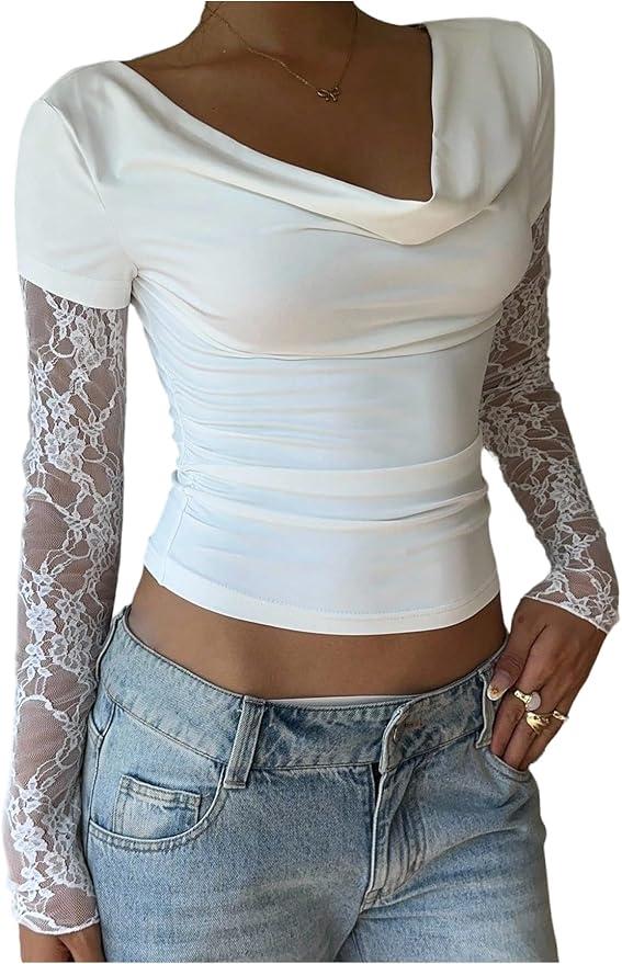 MakeMeChic Women's Floral Lace Tee Shirt Long Sleeve Cowl Neck Ruched Fall Elegant Crop Tops White X-Small