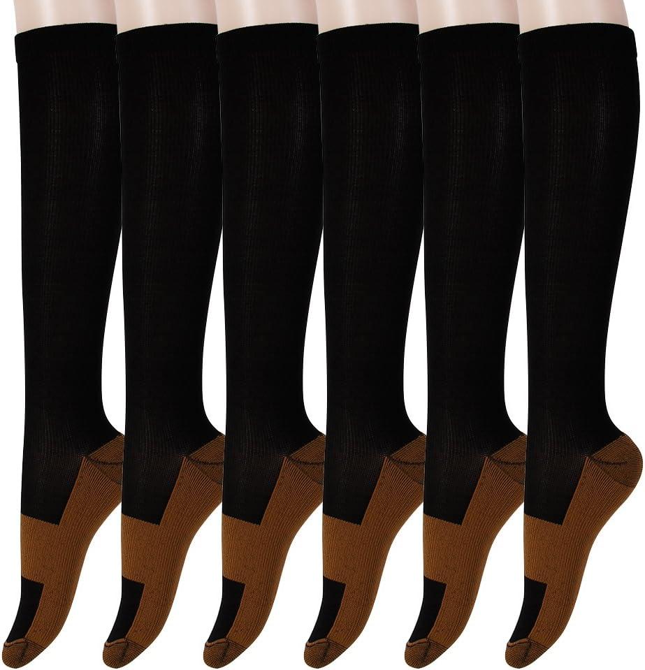 Graduated Copper Compression Socks 6 Pairs Anti Fatigue Knee High Socks for Men Women Pain Ache Relief Stockings 15-20 mmHg (L/XL, Black)