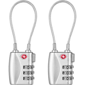NAGE Luggage Locks TSA Approved, Small Padlock for Luggage, 3 Dial Combo TSA Locks Resettable, 5.5in Flexible TSA Cable Gun Locks, Anti Theft Backpack Lock, Suitcase Lock (2 Pack, Silver)