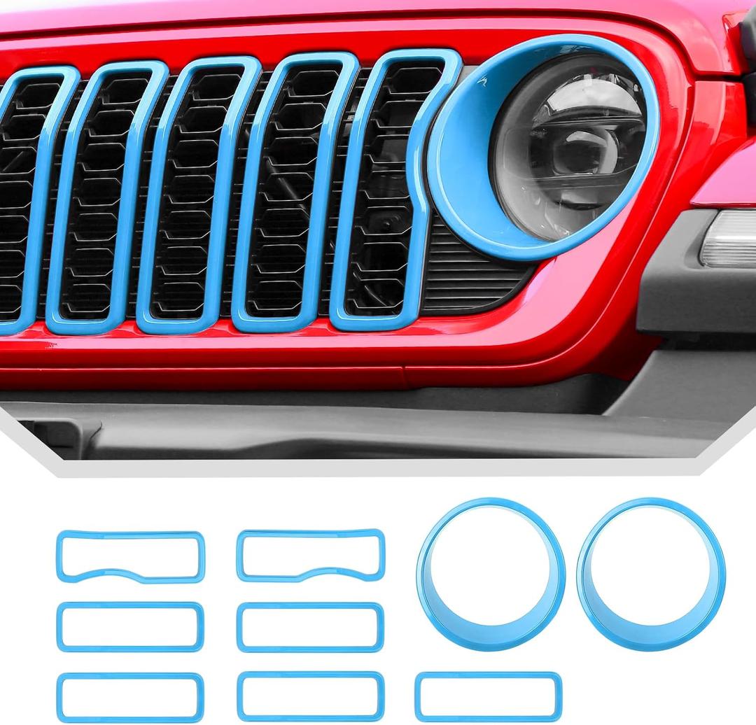 Grill Inserts for 2024 2025+ Jeep Wrangler JL Grille Cover & Headlight Cover Trim Accessories (Light Blue)