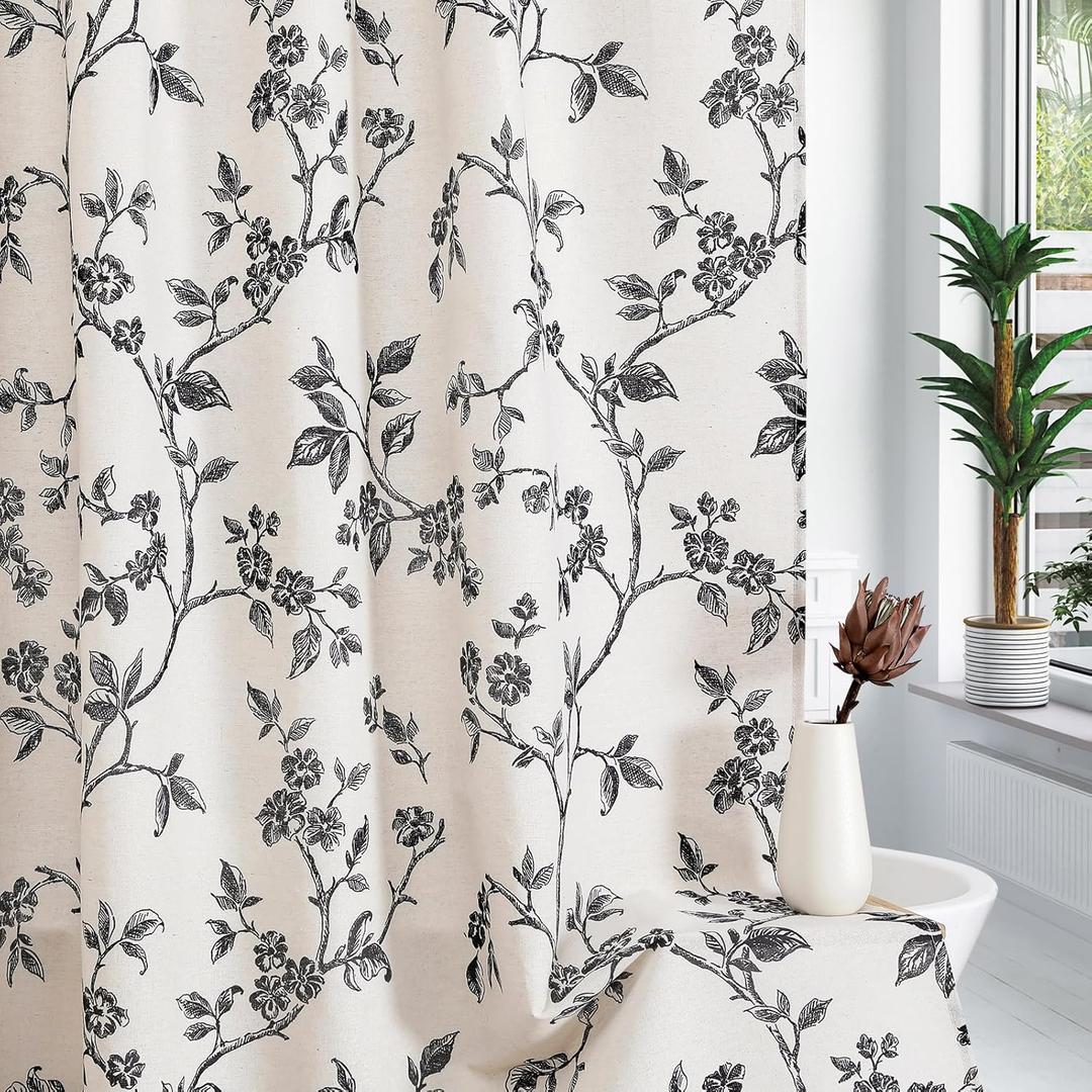 MitoVilla Black Boho Shower Curtain Set, Cotton Floral Cottagecore Spring Shower Curtains for Bathroom, Modern Farmhouse Country Plant Leaves Bathroom Dcor, 72" W x 72" L