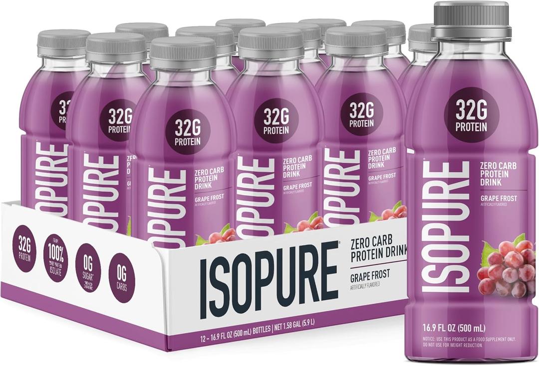 Isopure Zero Carb 32g Clear Protein Ready-to-Drink, Whey Protein Isolate, Grape Frost, 12 Pack (Packaging May Vary) (EXP 12/10/26)