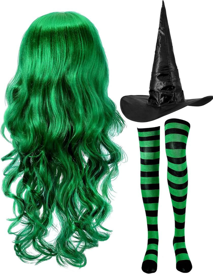 Janinka Halloween Witch Costume Set for Woman, Wig, Witch Hat, Socks (Green)