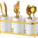 3-Piece White Ceramic Silverware Holder for Party Countertop, Utensil Holder with Golden Metal Rack Flatware Caddy Cutlery Storage Organizer for Kitchen Table (White+Gold A)
