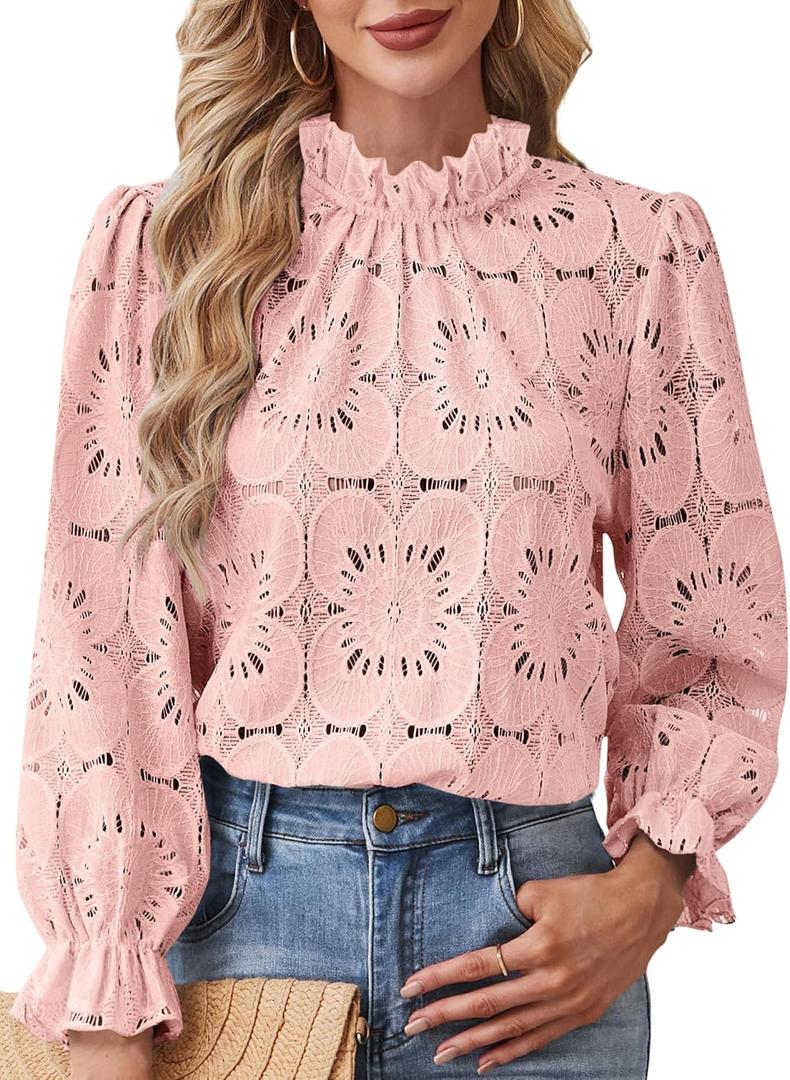 SOFIA'S CHOICE Women's Lace 3/4 Sleeve Shirts Crochet Eyelet Crew Neck Dressy Blouse Sheer Top (Pink, L)