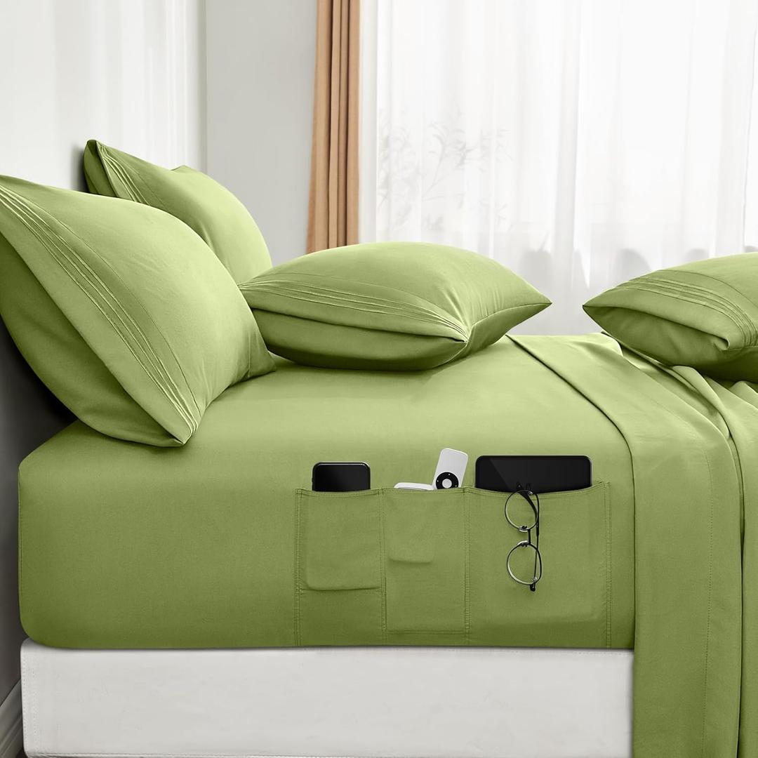 BYSURE 6 Pieces Bed Sheets Set with Pockets on Side(Queen, Sage Green), Sweat-Wicking Breathable Sheets, 16-inch Super Soft Hotel Embroidered Microfiber Sheet Set