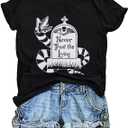 Halloween Shirt Women Spooky Graphic Shirts Strange and Unusual Print Tee Tops (Small, Black-1)