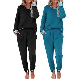 Ekouaer 2 Pack Womens Pajama Sets Long Sleeve Lounge Sets Soft Pj Sleepwear Loungewear (Large, Black/Blue Green)