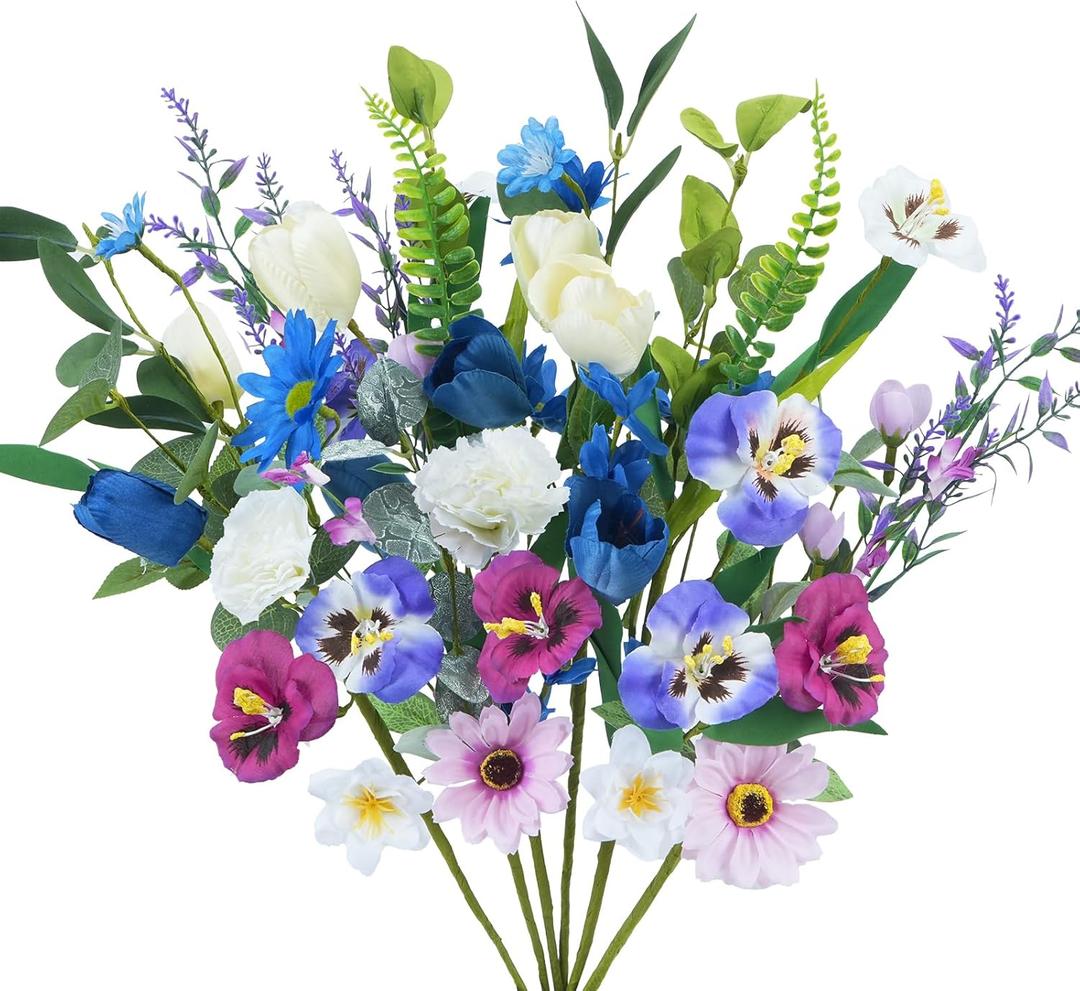 6 Bundles Pansy Artificial Flowers Bouquet Mix Blue & White Tulips 19.7" Spring Summer Fake Flowers Daisy Wildflowers Colorful Silk Floral Arrangements for Home Kitchen Garden Table Centerpieces Decor