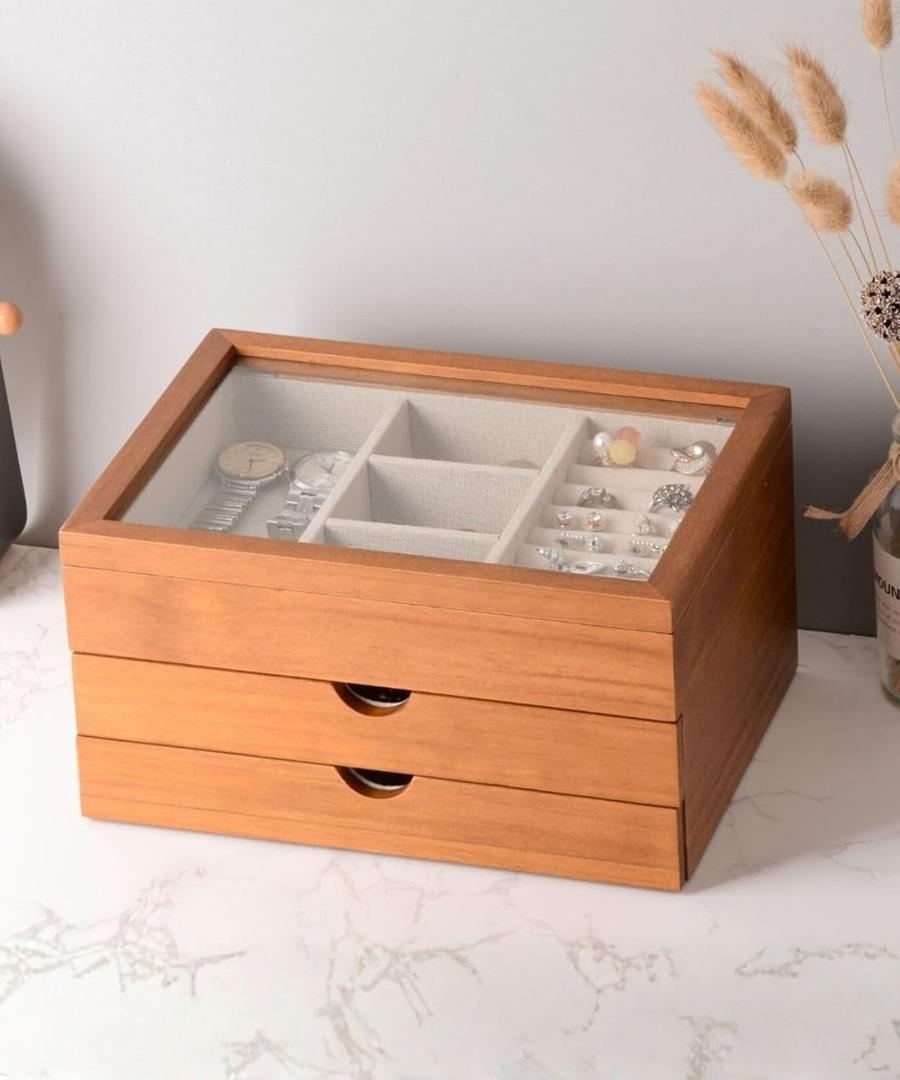 Jewelry Box with Glass Lid, 3 Layer Jewelry Organizer for Women, Solid Wooden Jewelry Box Display for Ring Earrings Necklace Bracelet, Pine Wood Jewelry Boxes Vintage Style for Gifts