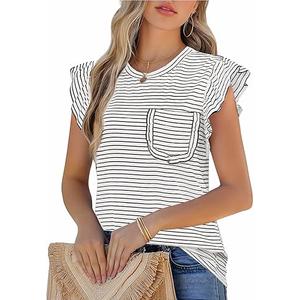 JUSTFASHIONNOW Womens Summer Tops Striped T-Shirts 2025 Ruffle Short Sleeve Crew Neck Casual Blouses with Pocket
 Large