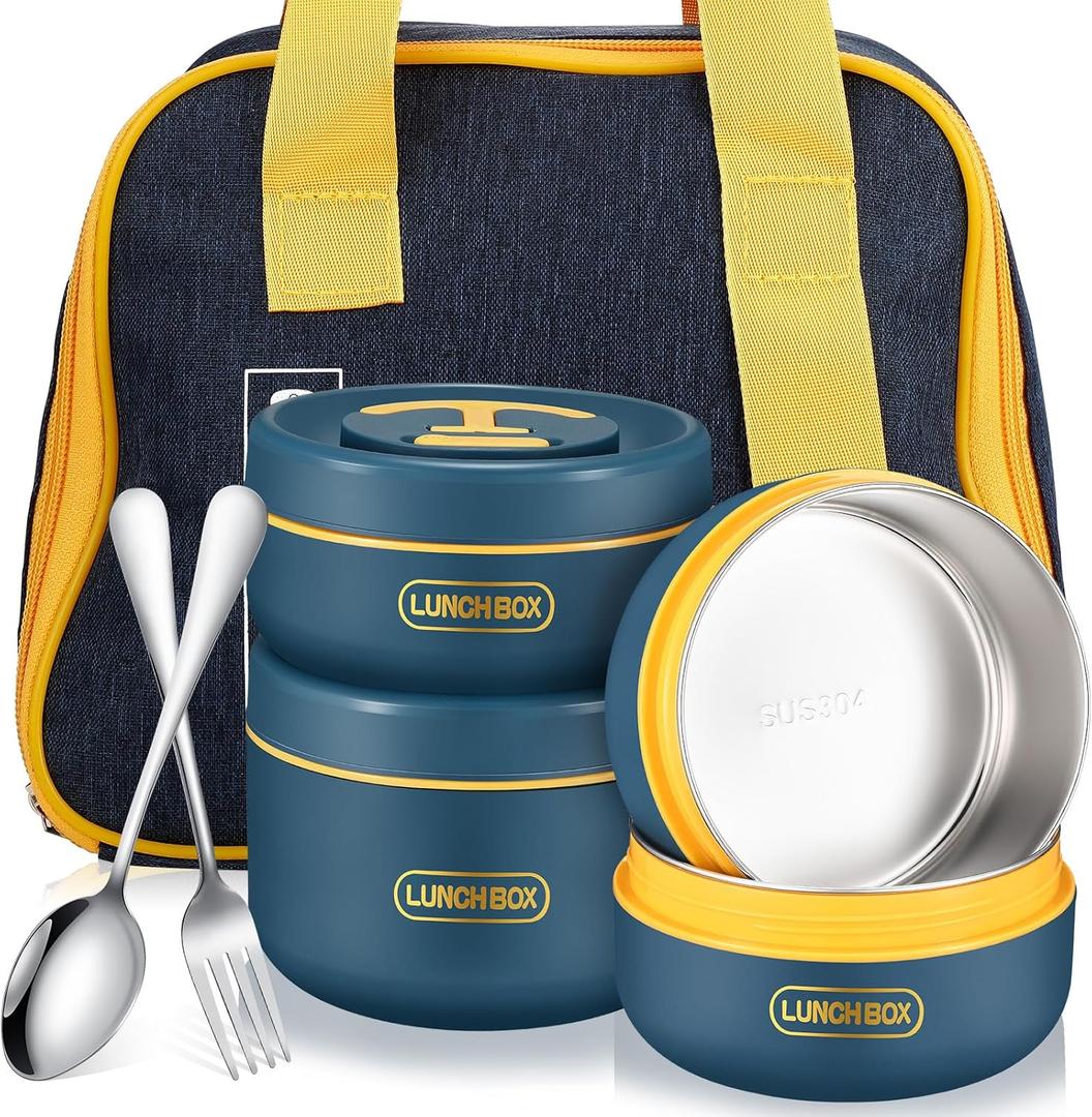 Dandat 3 Pcs Portable Insulated Lunch Container Set for Adult Kids, Stackable Stainless Steel Bento Box for Hot Food with Insulated Lunch Bag Unisex 3 Separate Thermal Food Container