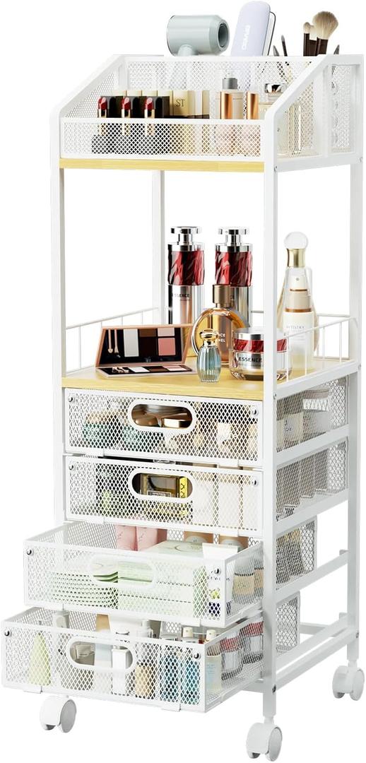 HapiRm Makeup Organizer Storage Cart - Floor Skincare Make Up Storage with 4 Drawers, Rolling Makeup Cart Vanity Organizer Cosmetics Display Cases Holder for Skin Care Perfume Nail Polish (Natural)
