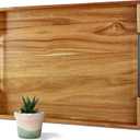 22 Inches Acacia Wood Serving Tray with Metal Handles, Large Wooden Rectangle Ottoman Tray, Decorative and Durable Design for Living Room Coffee Table Couch Kitchen