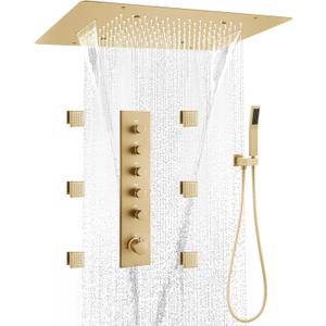 Brushed Gold Waterfall Shower System 3 In 1 Multi Function Rainfall Ceiling 16 X 24 Inch Luxury Shower Head Brass 5-Way Thermostatic handle Faucet Valve with Handheld Full Body 6 Jet set