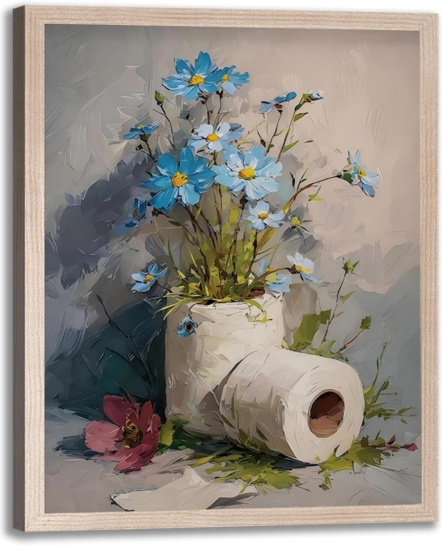 Framed Bathroom Wall Art Decorative Print of Blue Flowers on Toilet Paper Gallery Style Floral Poster for Bathroom Bedroom or Laundry Room 16x24 Inches Ready to Hang