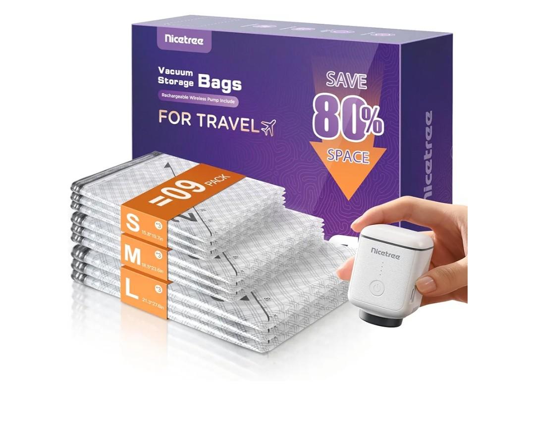 Nicetree 9-Pack Vacuum Bags for Travel with Rechargeable Pump, Compression Packing Bags for Carry-On Luggage & Suitcase, Vacuum Seal Bags for Clothing, 3 Sizes for Travel & Home Storage
